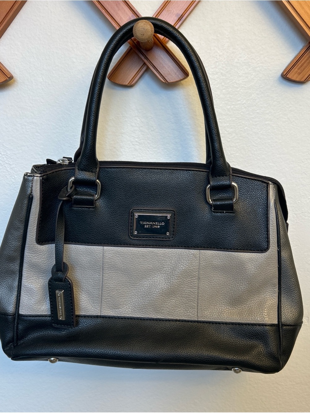 Tignanello Black and Gray Paneled Satchel